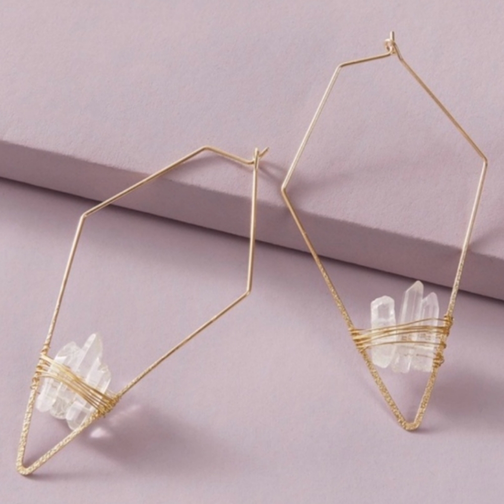 Gold Geode Crystal Geometric Threader Earr…